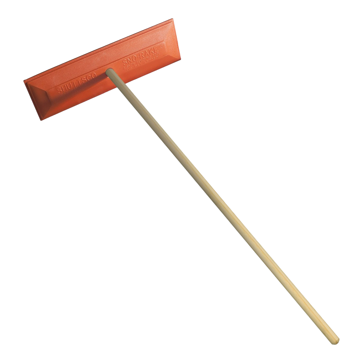 Heavy duty snow rake with orange vinyl-coated Sno-Rake head and long wooden handle
