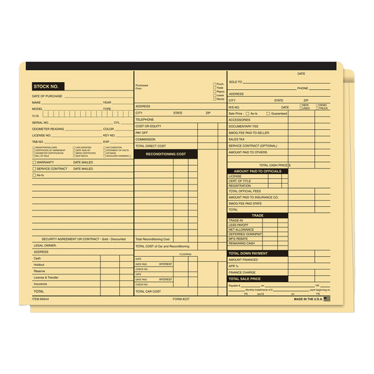 Heavy stock 125# buff deal jacket with black stripe and printed vehicle record fields