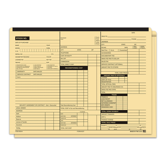 Heavy stock 125# buff deal jacket with black stripe and printed vehicle record fields, on white