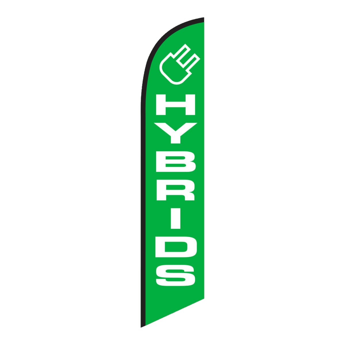 Green Hybrids swooper feather flag with white lettering and plug icon