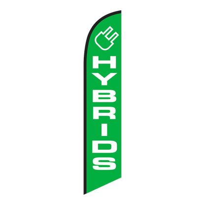Green Hybrids swooper feather flag with white lettering and plug icon