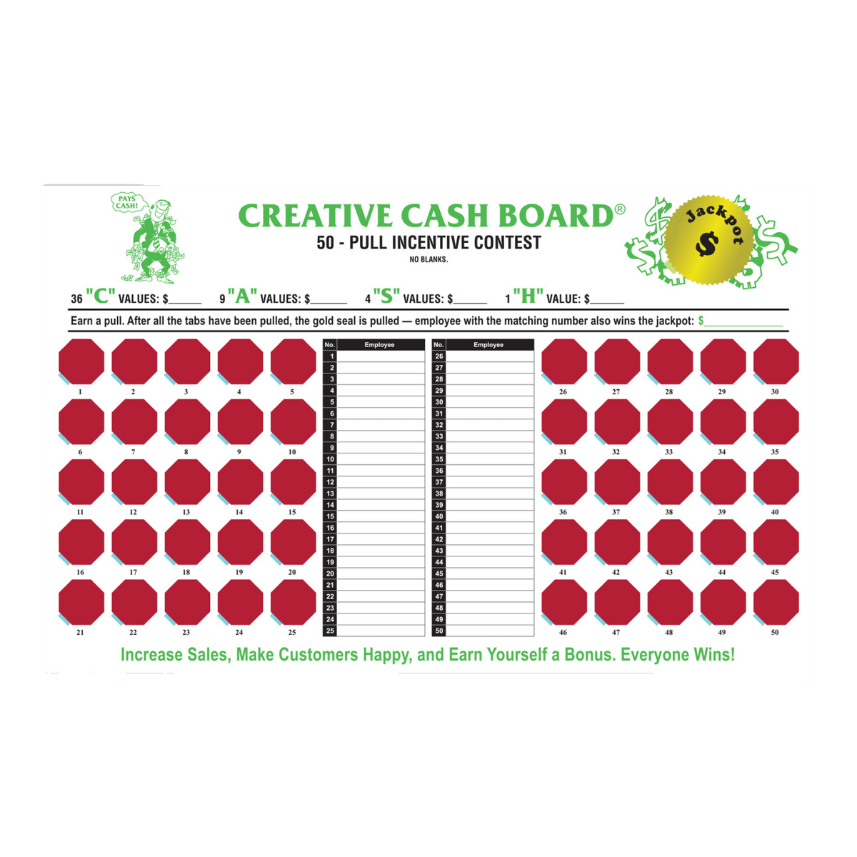 Creative Cash Board incentive board with red circles and contest columns