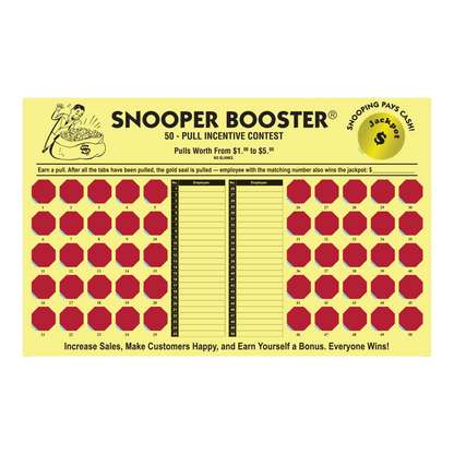 Yellow Snooper Booster incentive cash board with red pull tabs