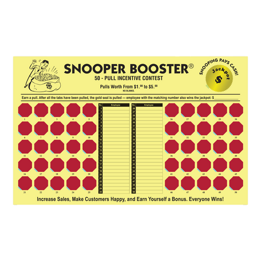 Yellow Snooper Booster incentive cash board with red pull tabs