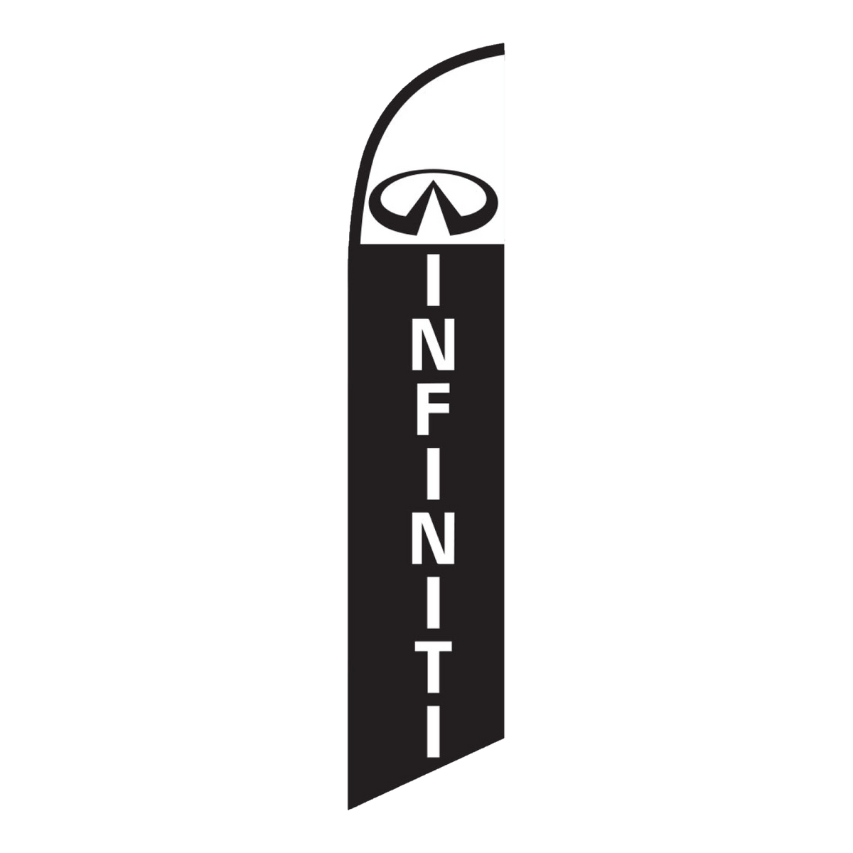Black Infiniti swooper feather flag with white lettering and logo