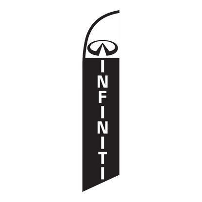 Black Infiniti swooper feather flag with white lettering and logo