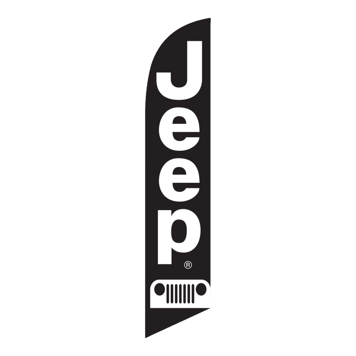 Black Jeep swooper feather flag with white lettering and grille icon