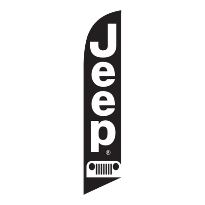 Black Jeep swooper feather flag with white lettering and grille icon