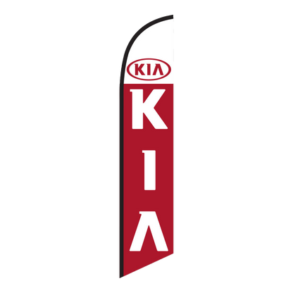 Red Kia swooper feather flag with white lettering and Kia logo