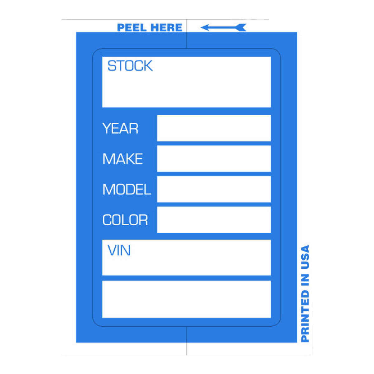 Blue Kleer-Bak stock sticker with stock, year, make, model, color and VIN fields