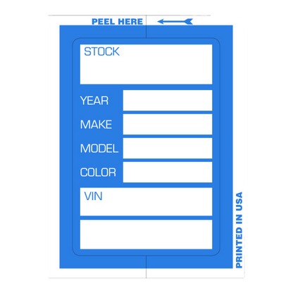 Blue Kleer-Bak stock sticker with stock, year, make, model, color and VIN fields