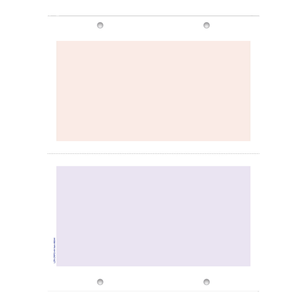 Four-hole laser cash receipt/purchase order sheet with peach and lavender panels