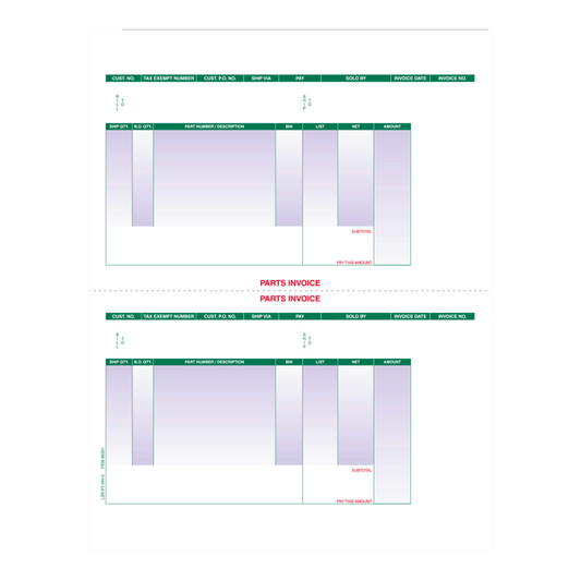 Laser parts invoice form with green headers