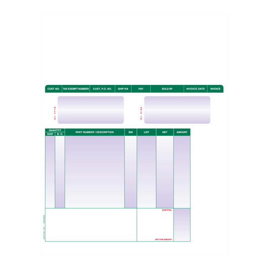 Laser parts invoice form with green headers