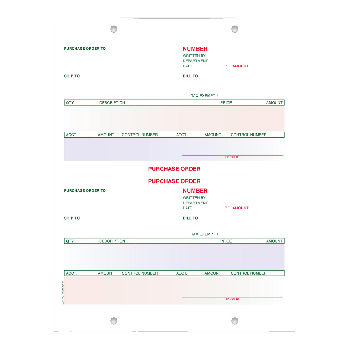 Laser Purchase Order pre-printed 8-1/2" x 11" sheet with two forms in green, red and blue ink, perforated at center, holes punched top and bottom