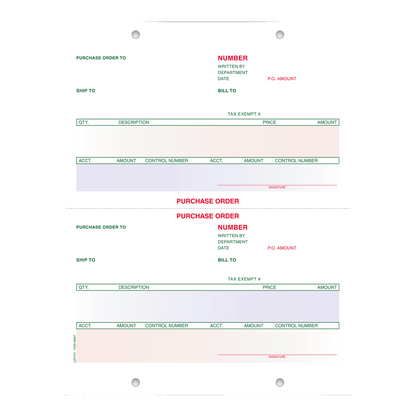 Laser Purchase Order pre-printed 8-1/2" x 11" sheet with two forms in green, red and blue ink, perforated at center, holes punched top and bottom