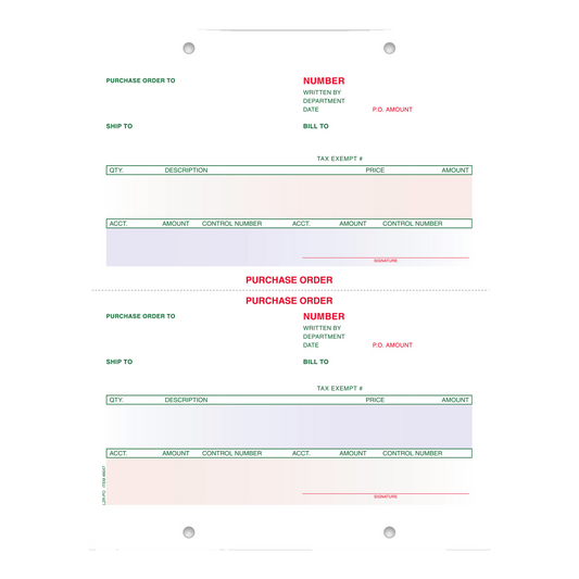 Laser Purchase Order pre-printed 8-1/2" x 11" sheet with two forms in green, red and blue ink, perforated at center, holes punched top and bottom