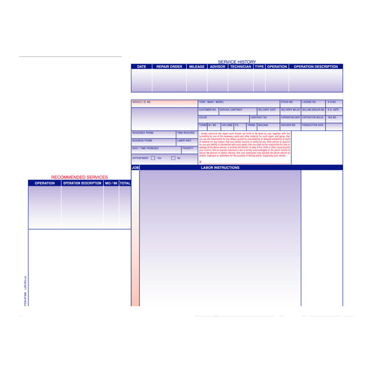 Landscape laser repair order form with navy and lavender sections