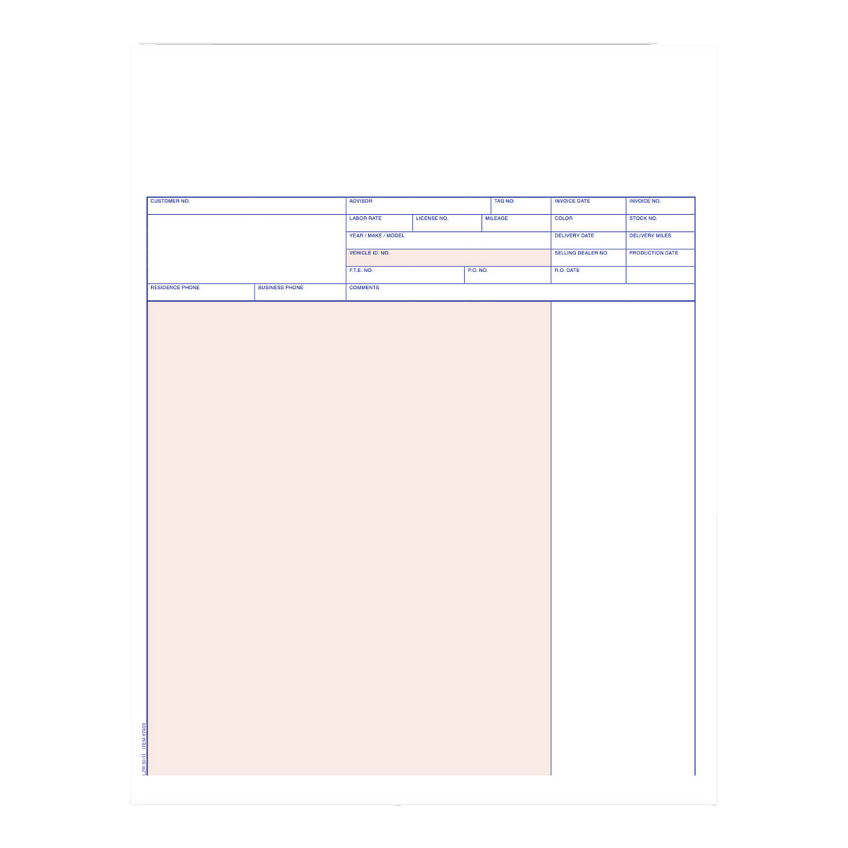 Laser service invoice form with peach panel
