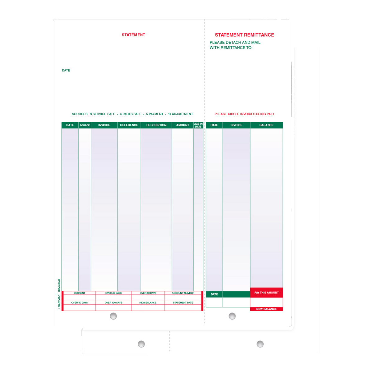 Laser open items statement form with green columns