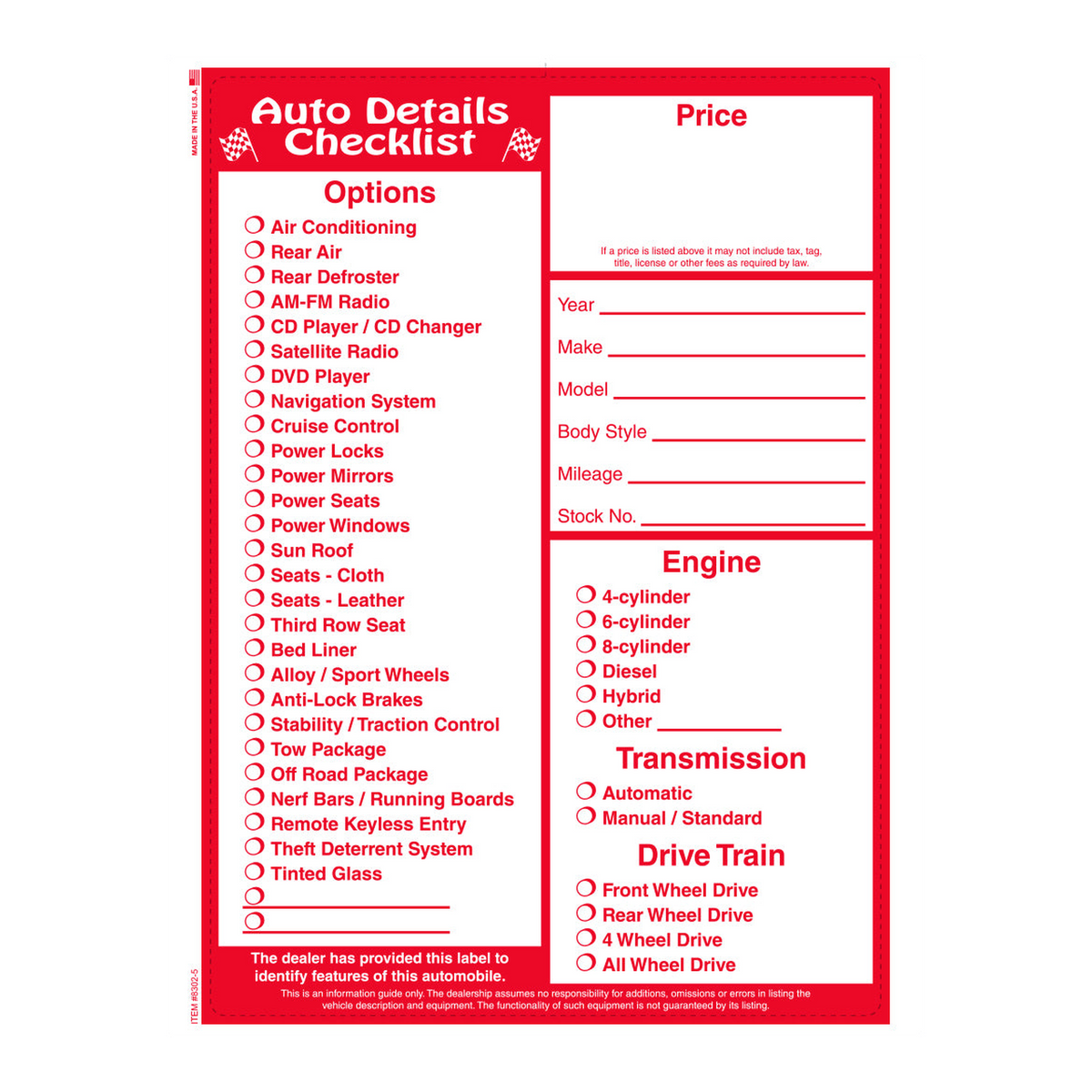 Auto Details Checklist laser window sticker in red ink