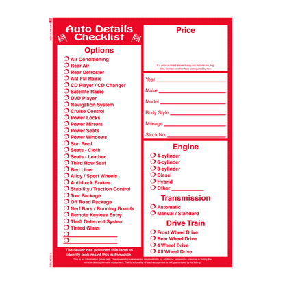 Auto Details Checklist laser window sticker in red ink