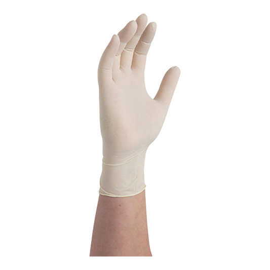Hand wearing a powder-free latex glove