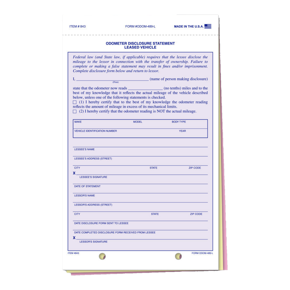 Odometer disclosure statement, 3-part