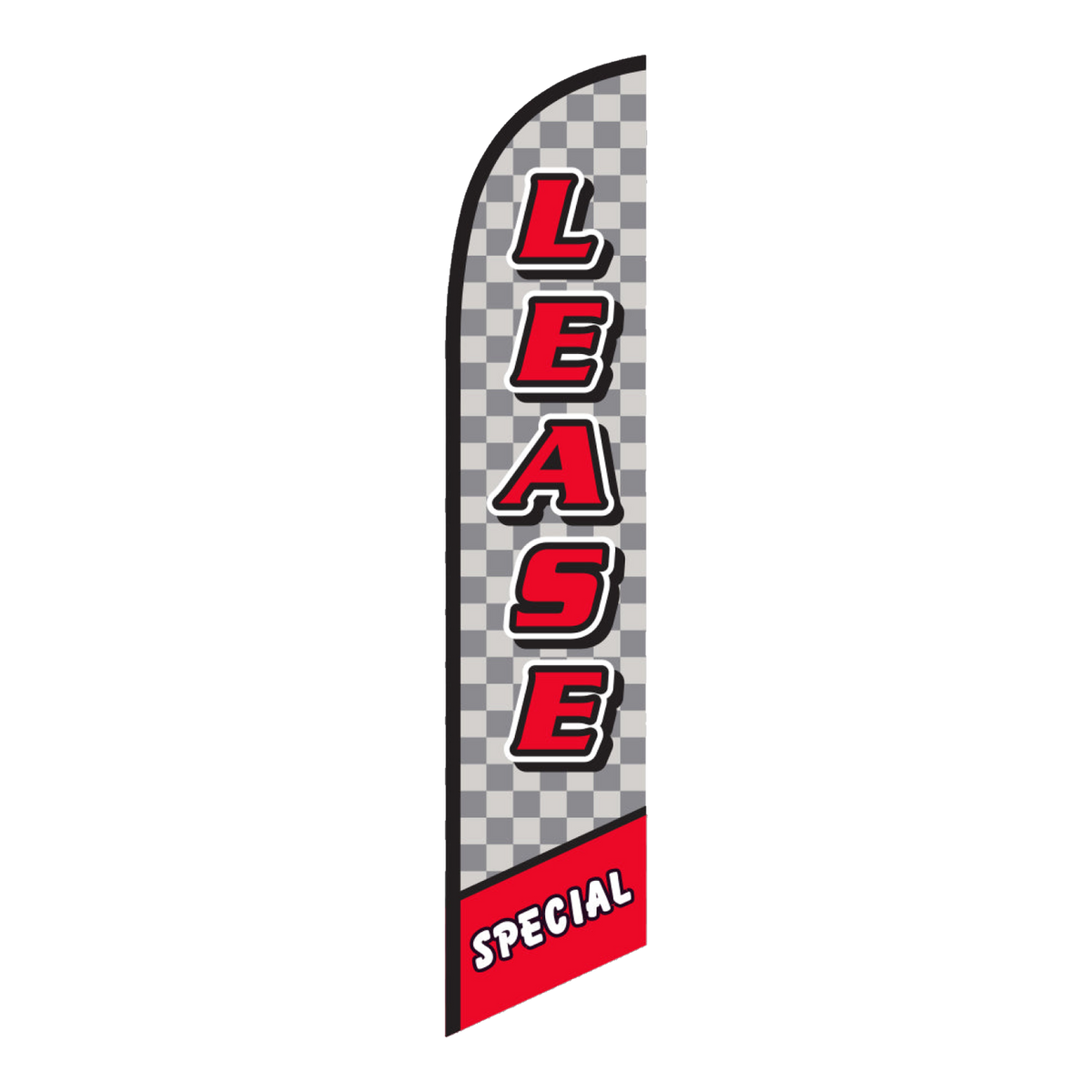 Lease Special swooper feather flag with red lettering and checkered pattern