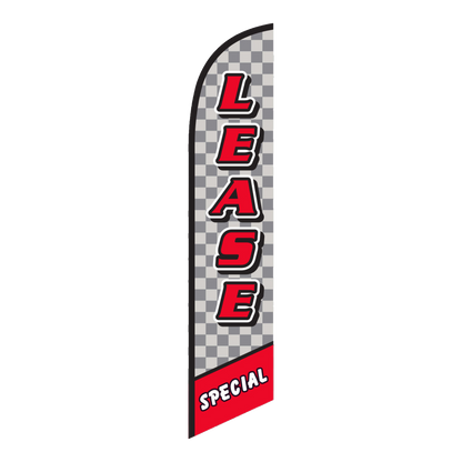 Lease Special swooper feather flag with red lettering and checkered pattern