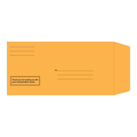 Orange kraft license plate envelope with printed address lines