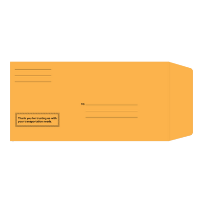 Orange kraft license plate envelope with printed address lines