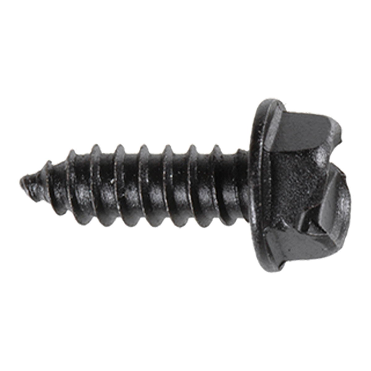 Black e-coat #14 x 3/4" slotted hex washer head license plate screw, side view, on white