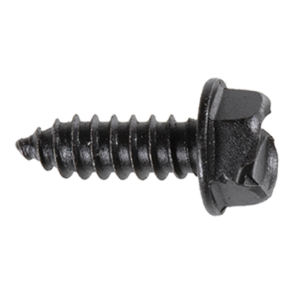 Black e-coat #14 x 3/4" slotted hex washer head license plate screw, side view, on white