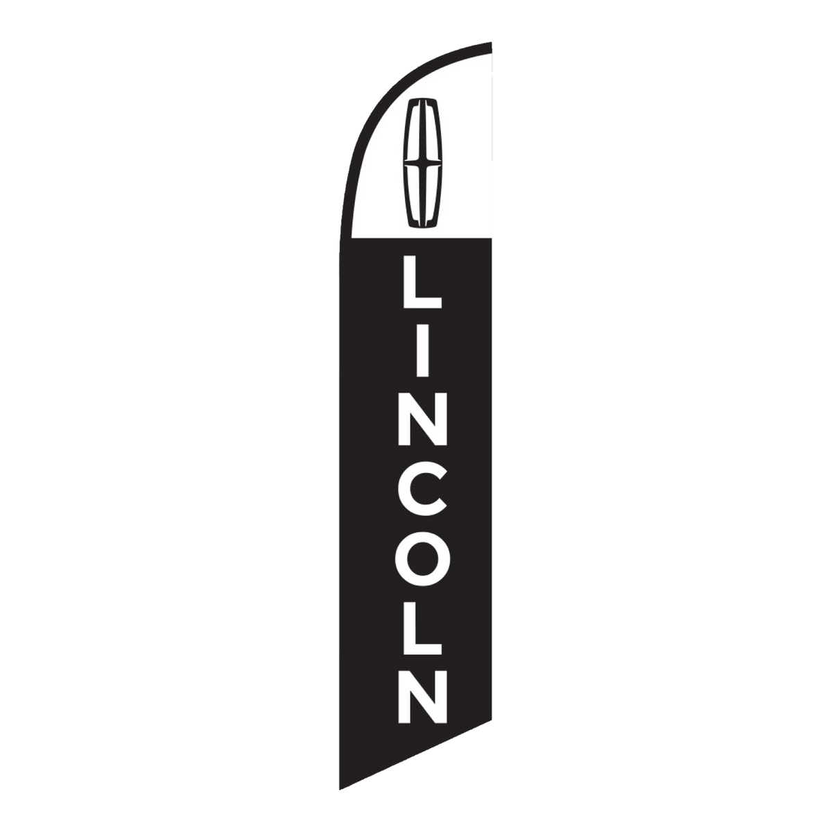 Black Lincoln swooper feather flag with white lettering and logo