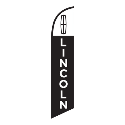 Black Lincoln swooper feather flag with white lettering and logo