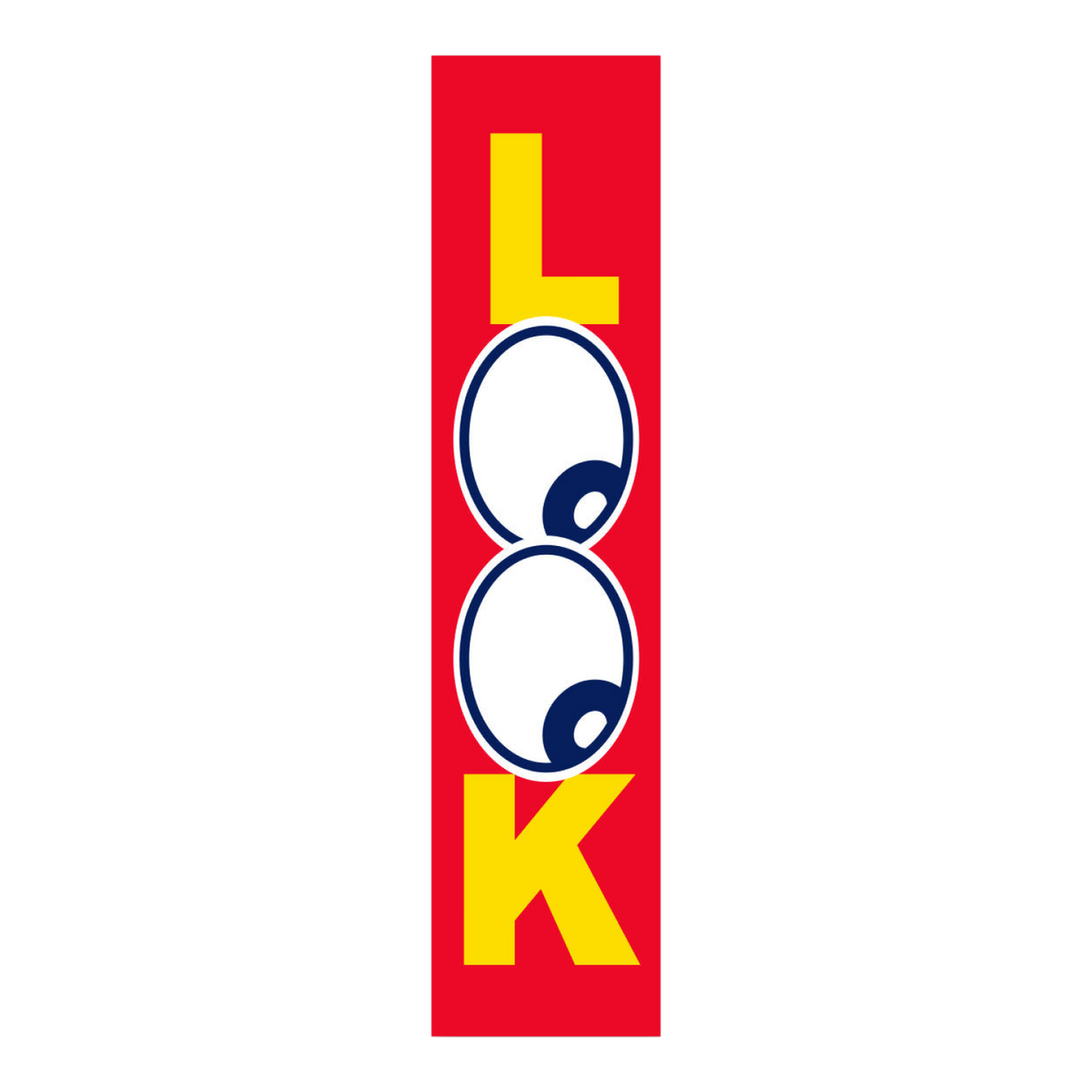 Red Look flat top swooper flag with yellow lettering and cartoon eyes
