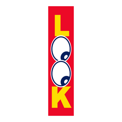 Red Look flat top swooper flag with yellow lettering and cartoon eyes