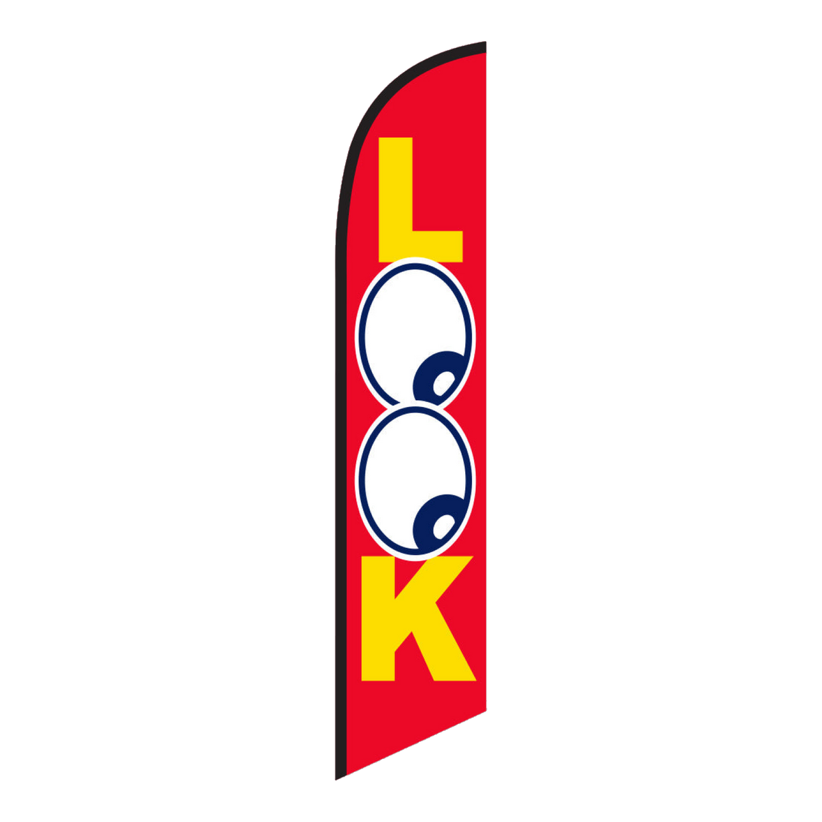 Red Look swooper feather flag with yellow lettering and cartoon eyes