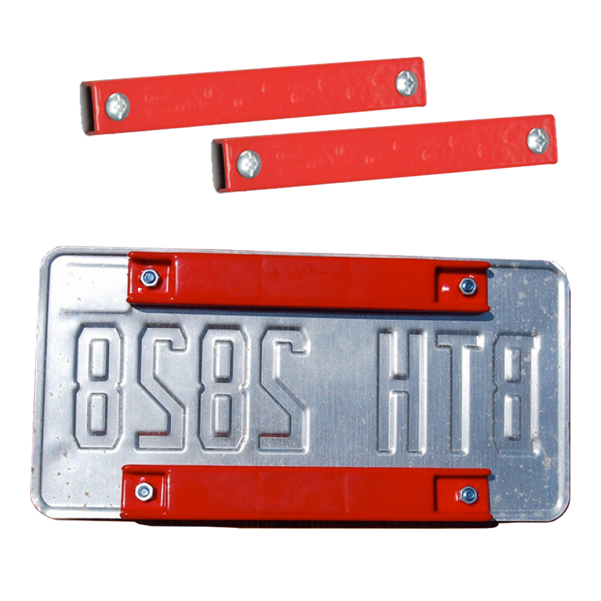 Red PVC-coated 8" bar magnet license plate holders, two loose with screws and two mounted on a license plate
