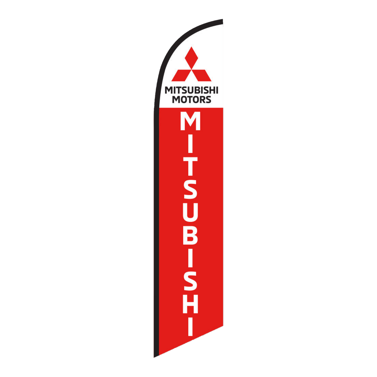 Red Mitsubishi Motors swooper feather flag with white lettering