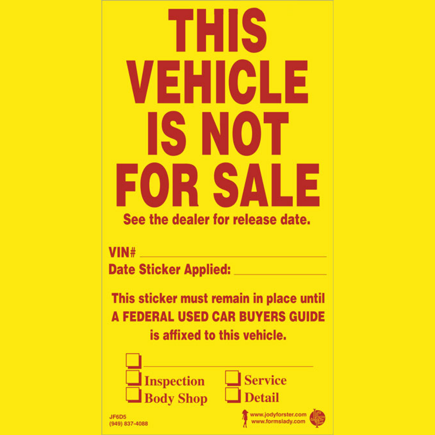 Vehicle Not For Sale Decal