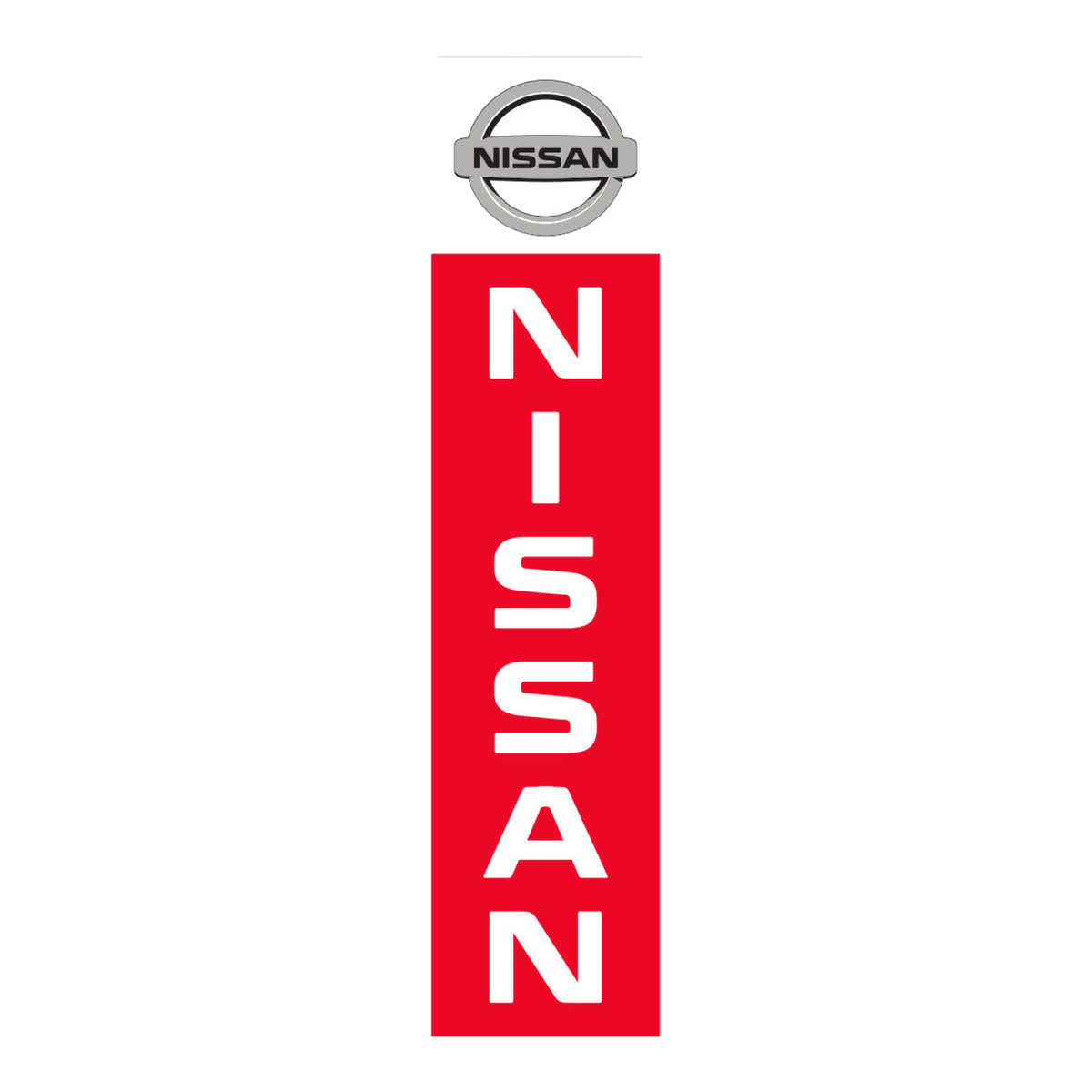 Red Nissan flat top swooper flag with white lettering and Nissan logo