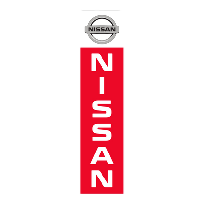 Red Nissan flat top swooper flag with white lettering and Nissan logo