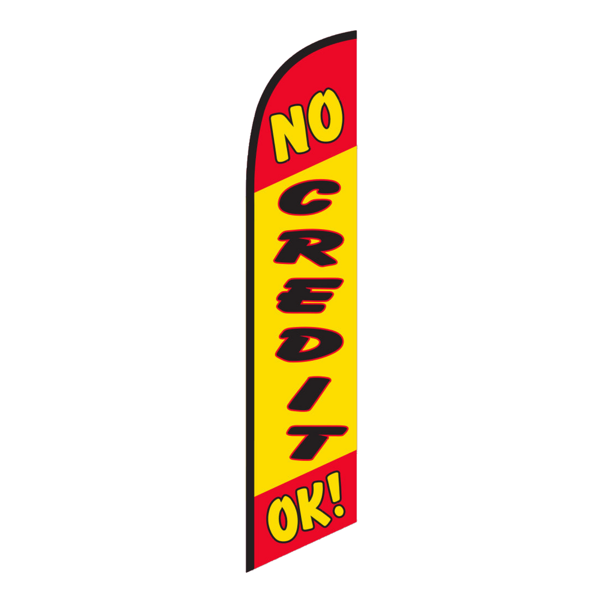 No Credit OK! swooper feather flag, red lettering on yellow