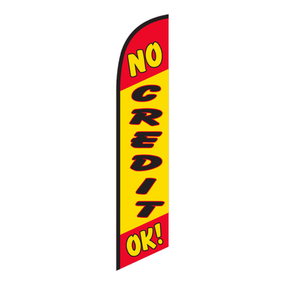 No Credit OK! swooper feather flag, red lettering on yellow
