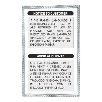 Bilingual Notice to Customer and Aviso al Cliente translation sign with black headers and a Greek key border