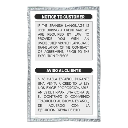 Bilingual Notice to Customer and Aviso al Cliente translation sign with black headers and a Greek key border, on white