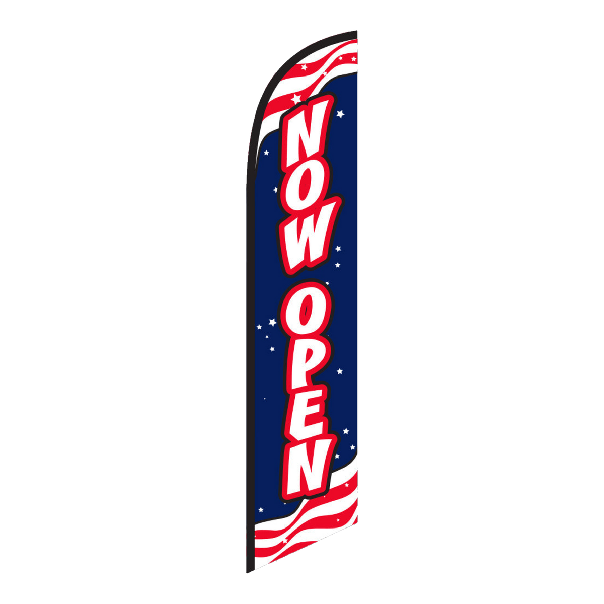 Now Open swooper feather flag with red lettering on stars and stripes