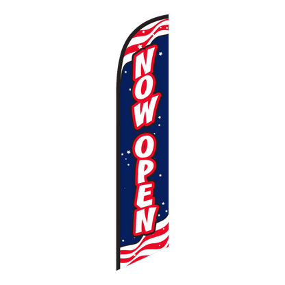 Now Open swooper feather flag with red lettering on stars and stripes